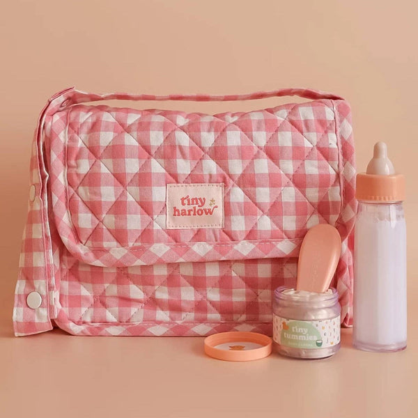 US stockist of Tiny Harlow's 6 piece Tiny Nurturers set in Pink Gingham