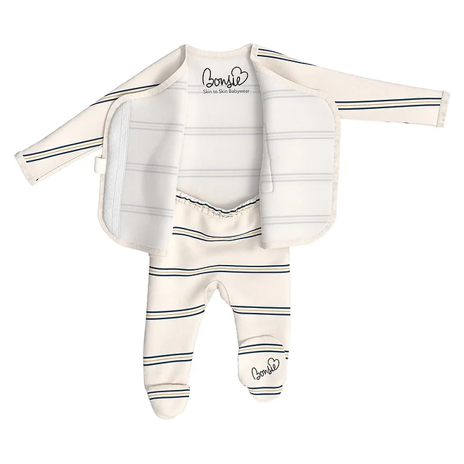 Stockist of Bonsie's rayon blend Old School Stripe footie.  Top section has velcro wrap body which can be undone for skin to skin contact.  Elastic waist that can be pulled down for easy diaper changes. 
