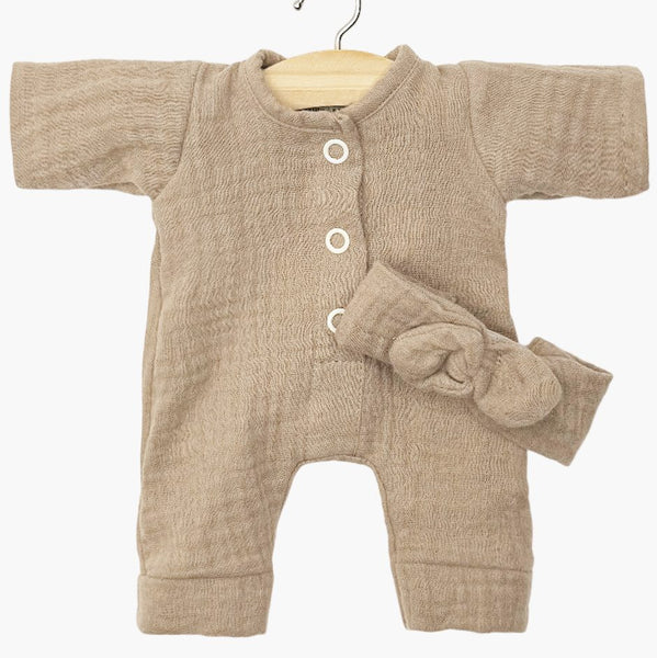 US stockist of Minikane's Babies Lili Jumpsuit in Mocha with matching headband