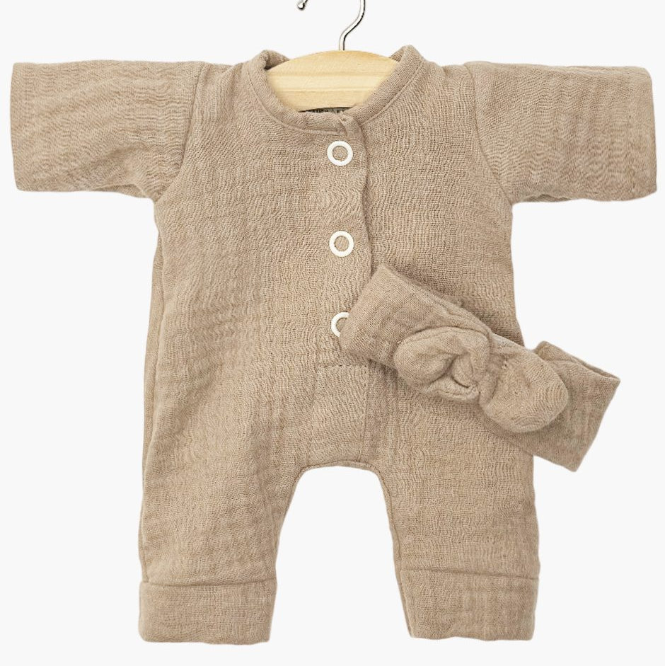 US stockist of Minikane's Babies Lili Jumpsuit in Mocha with matching headband
