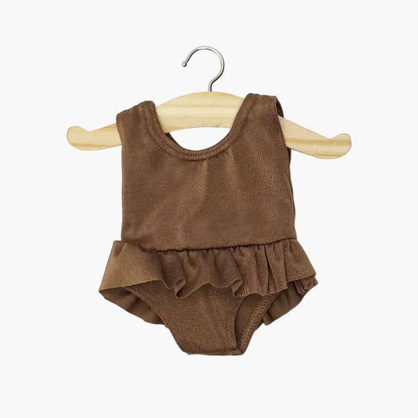 US stockist of Minikane's Chocolate Lycra ruffled Maia leotard for dolls