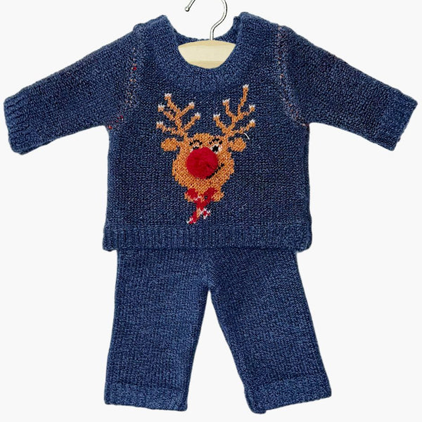 US stockist of Minikane's two piece denim Christmas set with  a reindeer