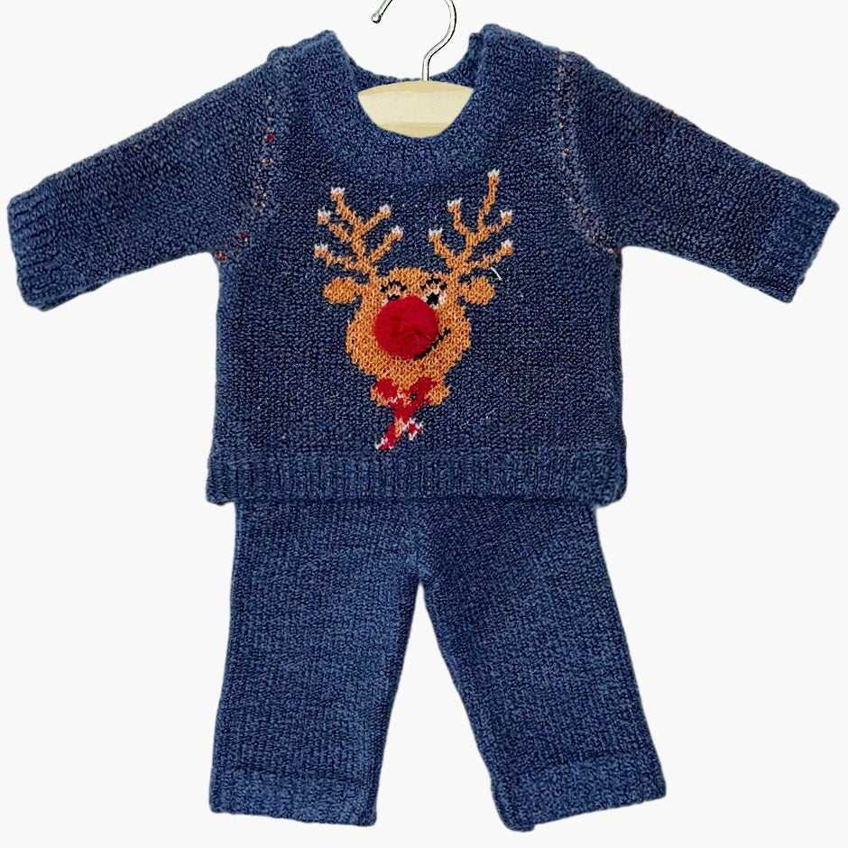 US stockist of Minikane's two piece denim Christmas set with  a reindeer