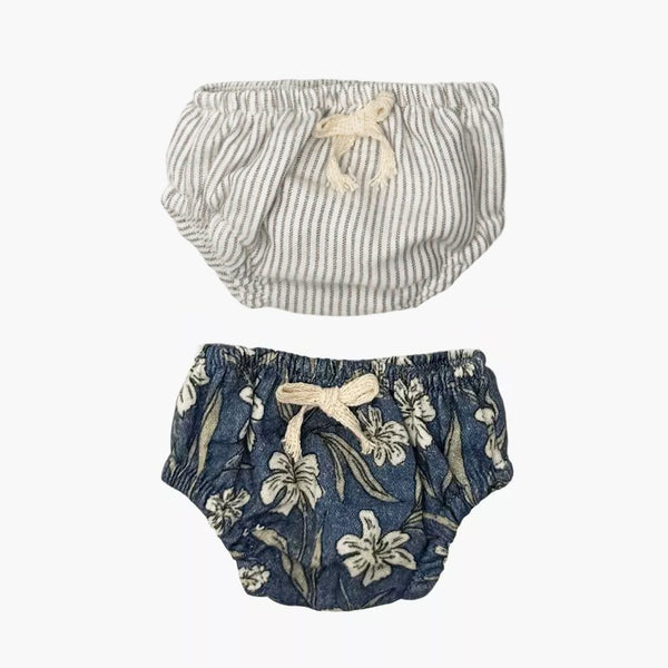 US stockist of Minkane's  2 pack of Charlotte doll panties in Blue Flower and Grey Striped print