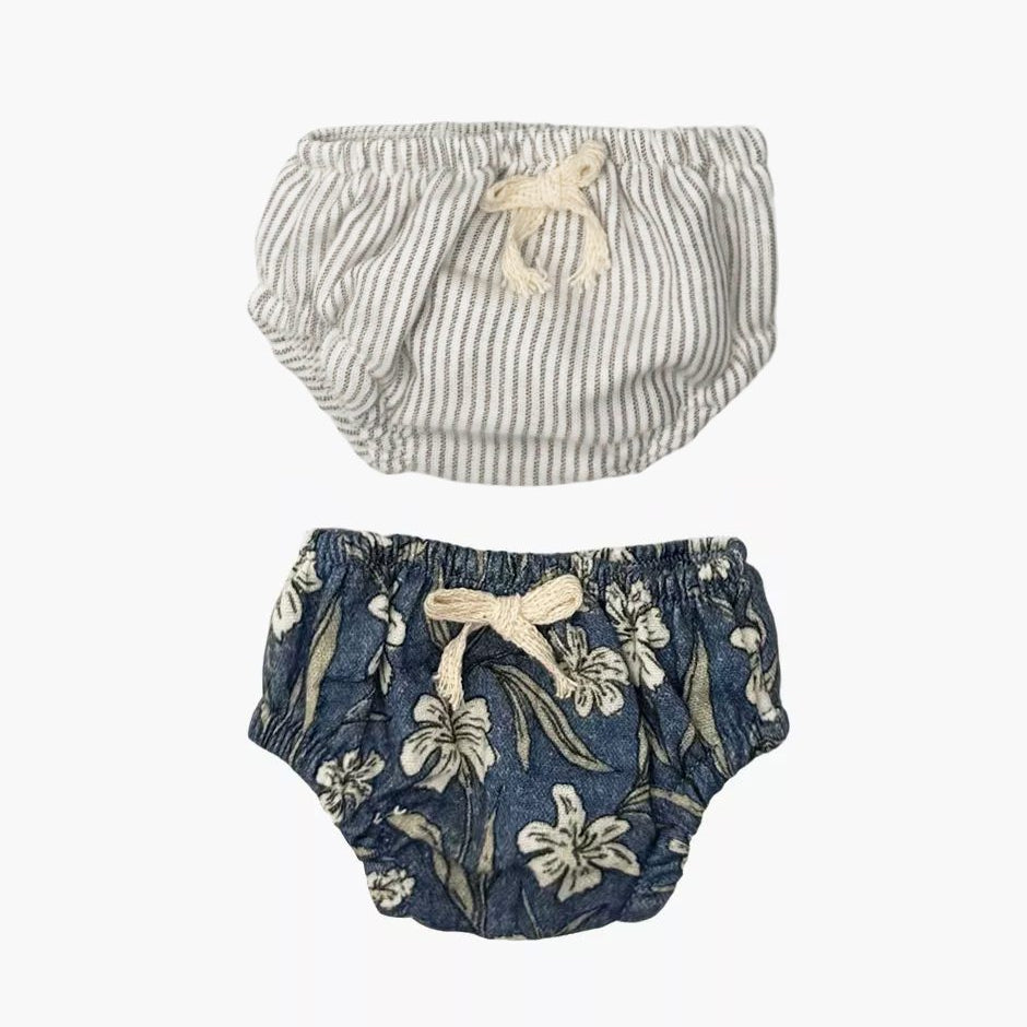 US stockist of Minkane's  2 pack of Charlotte doll panties in Blue Flower and Grey Striped print