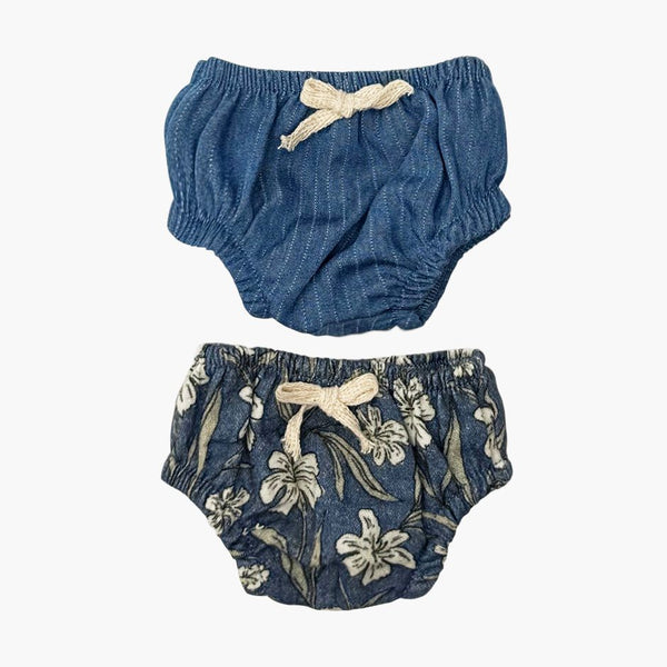 US stockist of Minikane's 2 pack of Charlotte doll underwear in Blue Flower and striped print.
