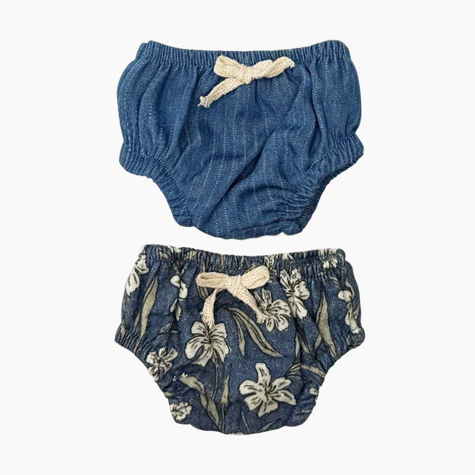 US stockist of Minikane's 2 pack of Charlotte doll underwear in Blue Flower and striped print.