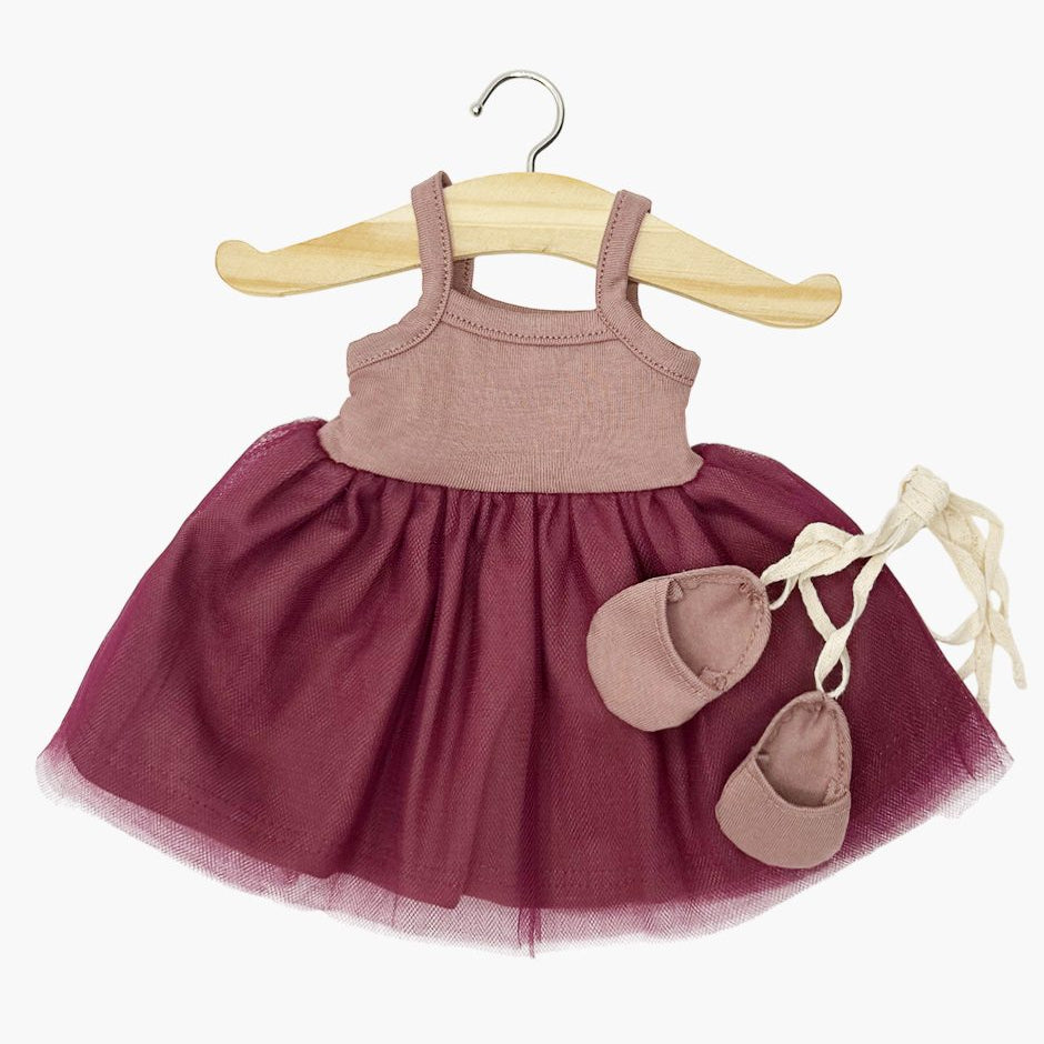 US stockist of Minikane's Dark Orchid Rosella Tutu with lace up ballet shoes.