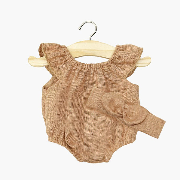 US stockist of Minikane's Clara romper set in Hazelnut washed linen