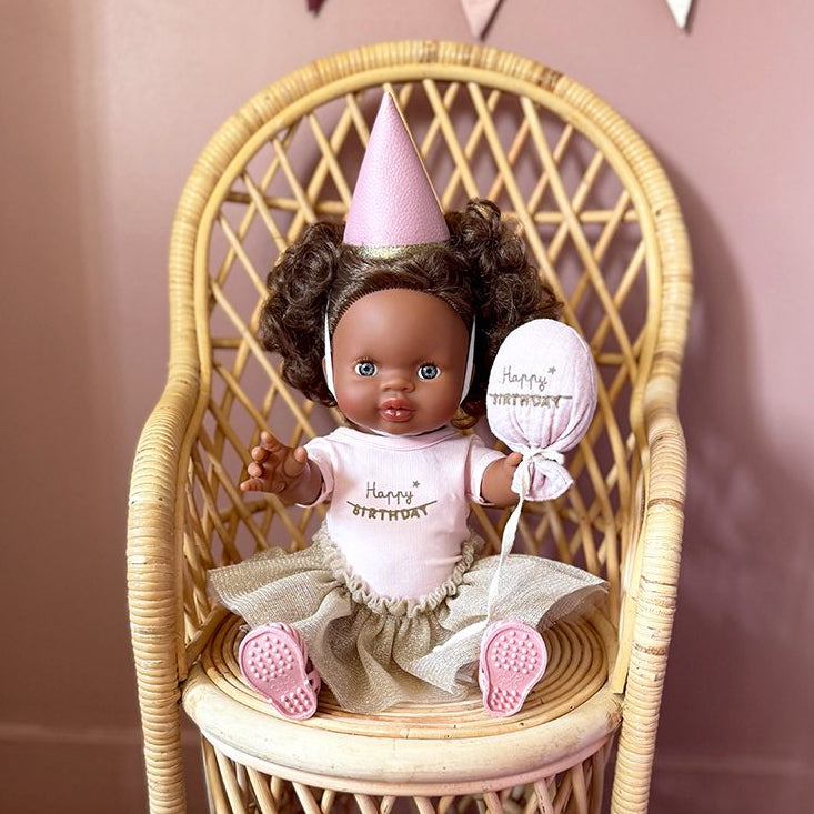 US stockist of Minikane's Les P'tits Deguiz Petal Pink happy birthday set for dolls