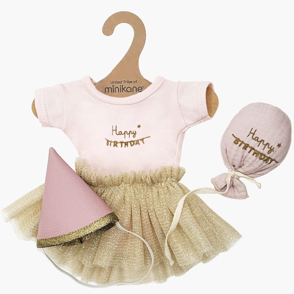 US stockist of Minikane's Les P'tits Deguiz Petal Pink happy birthday set for dolls