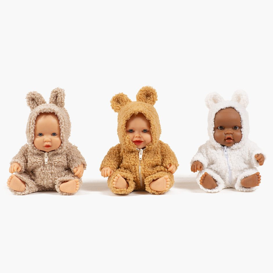 US stockist of Minikane's Hebe Peques doll dressed in her Ecru Winnie the Pooh Jumpsuit