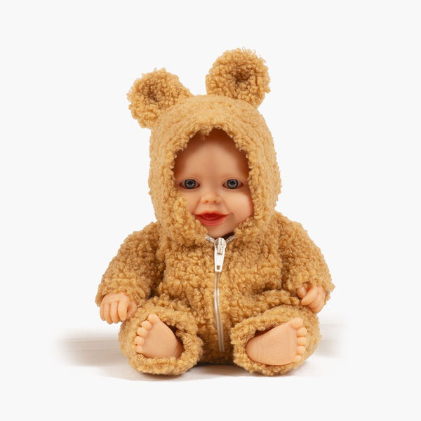 US stockist of Minikane's Guillo Peques doll dressed in his Camel Winnie the Pooh jumpsuit.