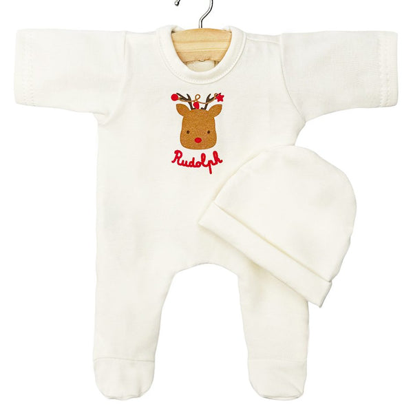 US stockist of Minikane's Babies Angel sleepsuit with a Rudolph print.  Comes with matching hat.