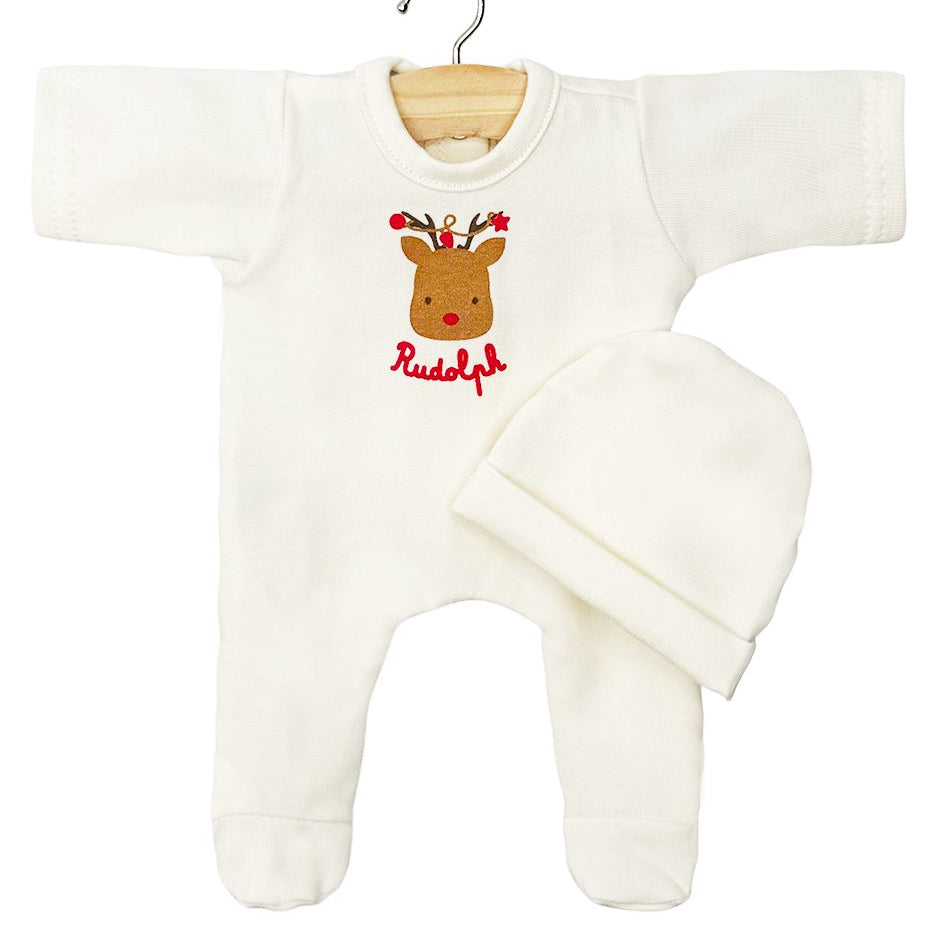 US stockist of Minikane's Babies Angel sleepsuit with a Rudolph print.  Comes with matching hat.
