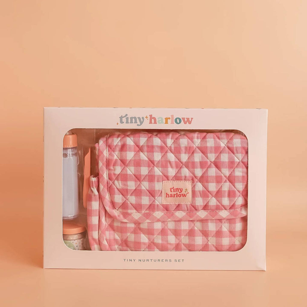 US stockist of Tiny Harlow's 6 piece Tiny Nurturers set in Pink Gingham