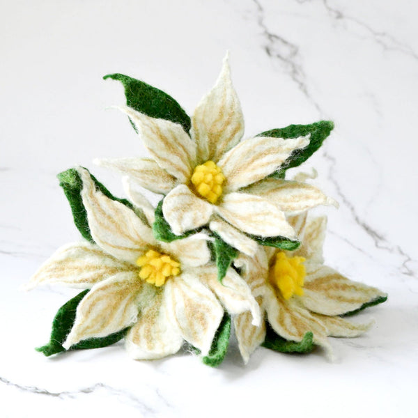 US stockist of Tara Treasures set of 3 white poinsettia felt flowers