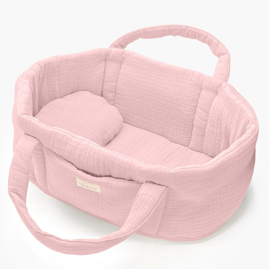 US stockist of Minikane's Strawberry cotton gauze doll bassinet