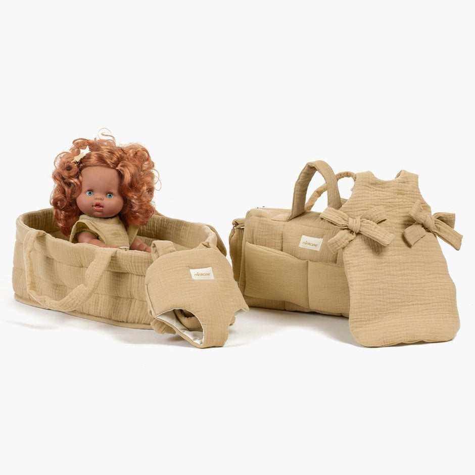US stockist of Minikane's "Latte" cotton gauze doll diaper bag
