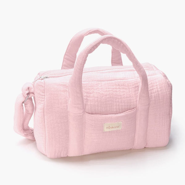 US stockist of Minikane's Strawberry cotton gauze doll diaper bag.