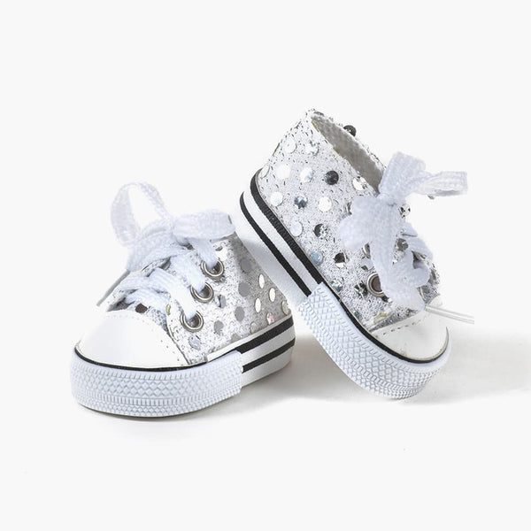 US stockist of Minikane's White Sequin Komvers Sneakers for dolls