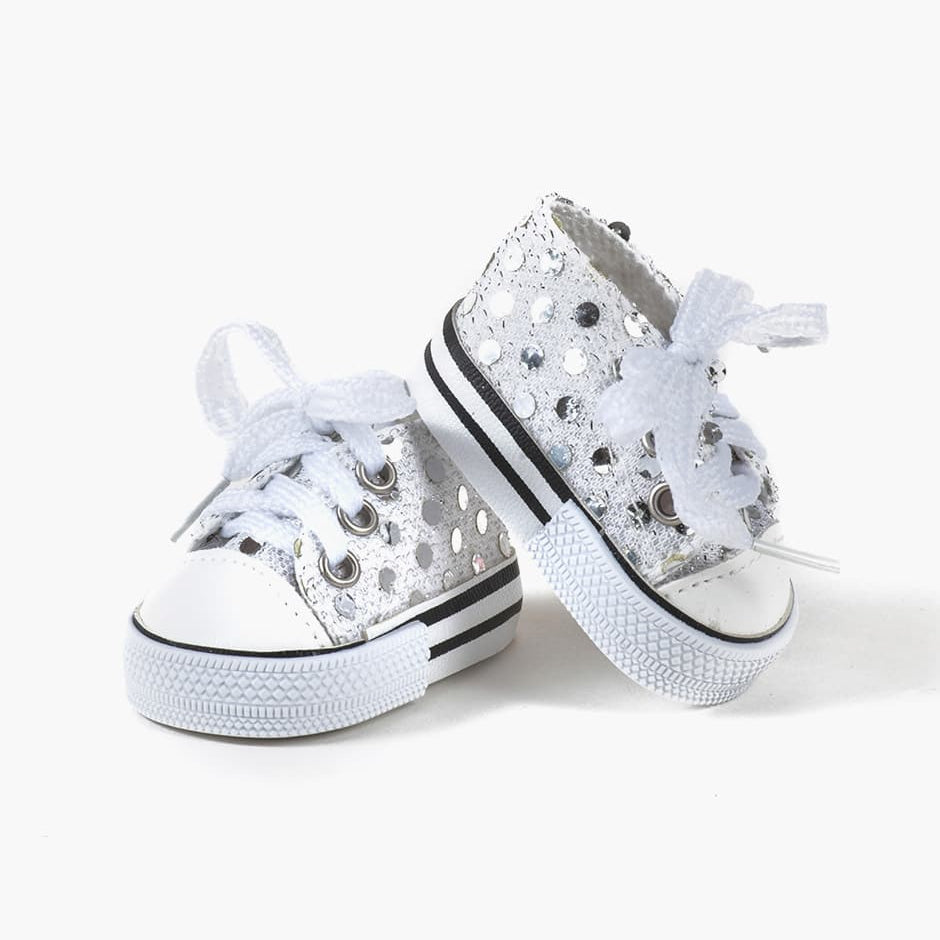 US stockist of Minikane's White Sequin Komvers Sneakers for dolls