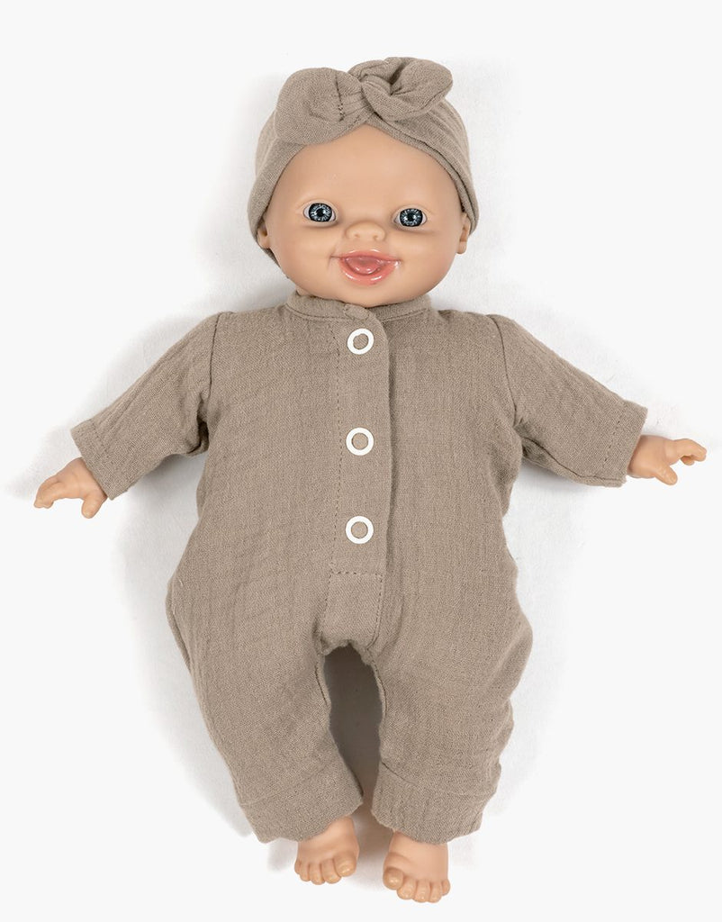 US stockist of Minikane's Babies Lili Jumpsuit in Mocha with matching headband