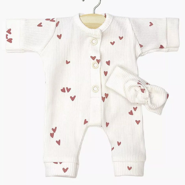 US stockist of Minikane's Babies Clay Pink Hearts Lili jumpsuit with matching headband