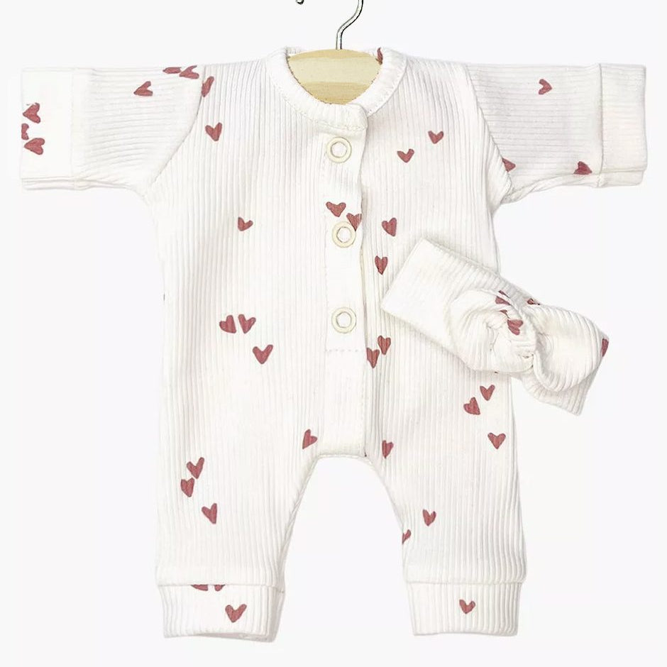 US stockist of Minikane's Babies Clay Pink Hearts Lili jumpsuit with matching headband