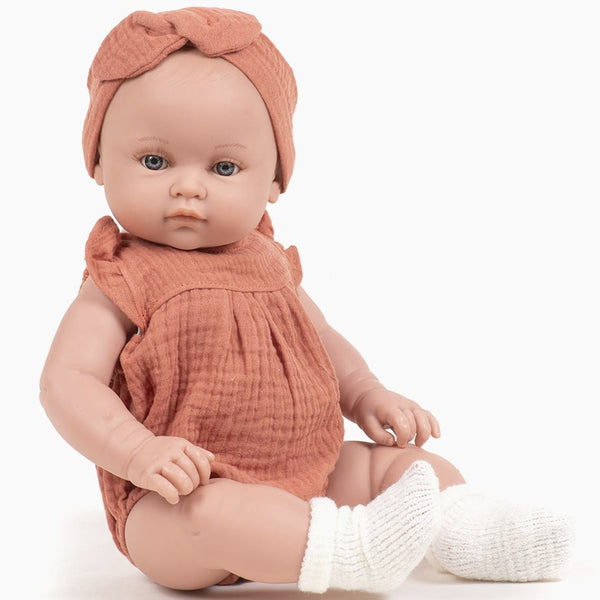 US stockist of Minikane's Yaelle Bambini Girl doll in Marsala Olivia Romper set
