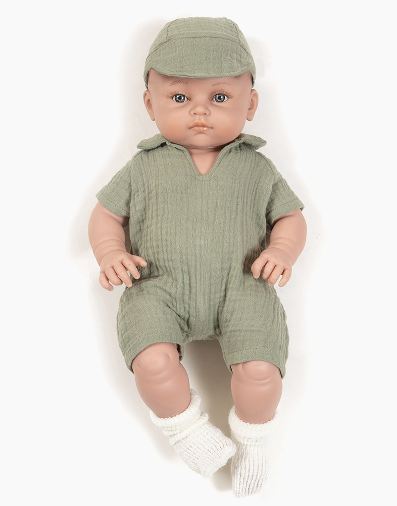 US stockist of Minikane's Yann Bambini Boy Doll in his Green Tom Jumpsuit Set