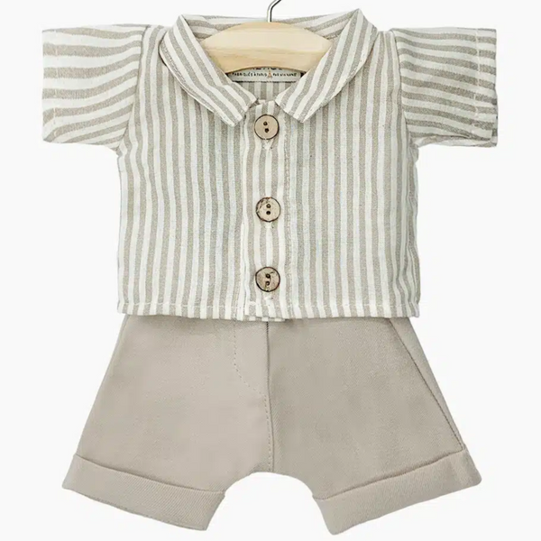 US stockist of Minikane's Jules beige pants and Leopold taupe striped shirt set