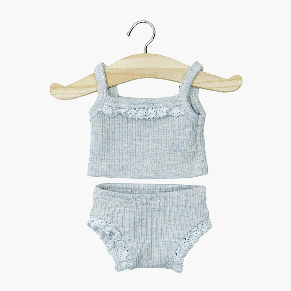 US stockist of Minikane's 2pc doll underwear set in Mottled Blue and lace