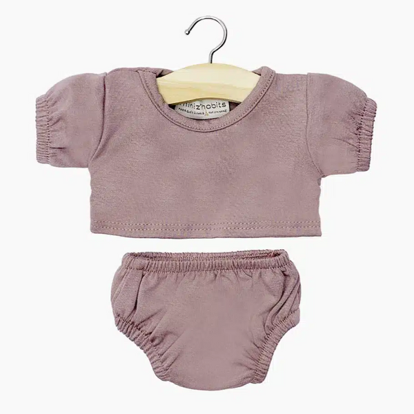 US stockist of Minikane's T-shirt + Charlotte panties set in Orchid Rose.