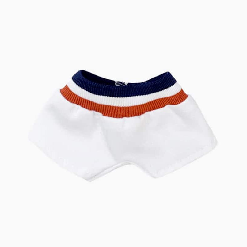 US stockist of Minikane's white doll boxer shorts with a blue, white red elastic waistband.