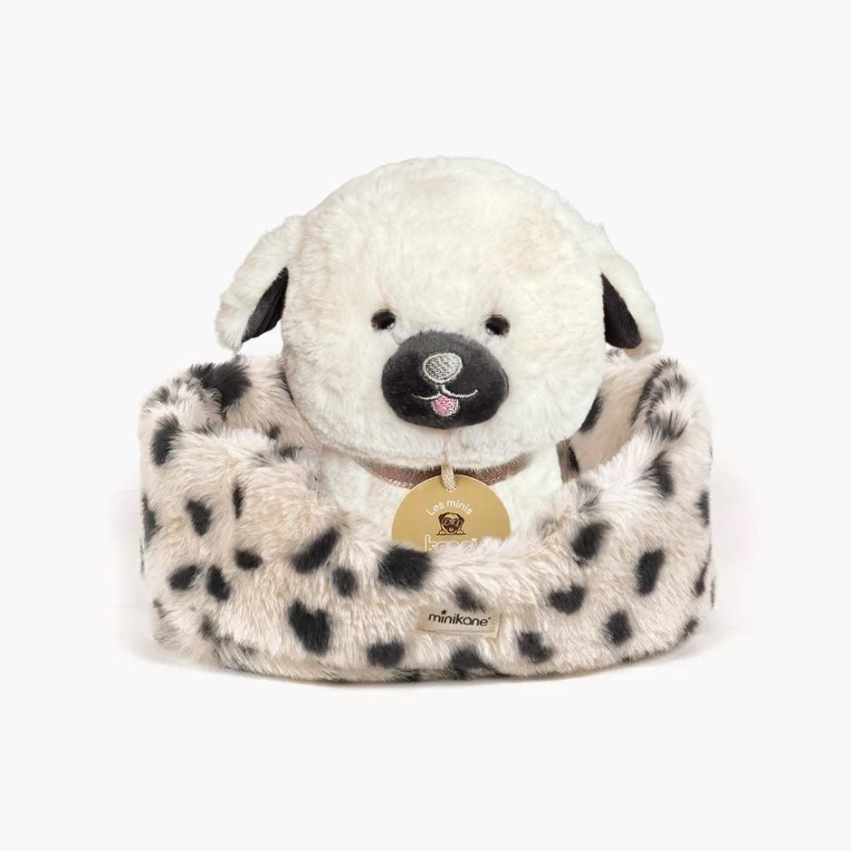 US stockist of Minikane's plush Kawai white and black puppy with plush dalmatian basket.  Comes with collar.