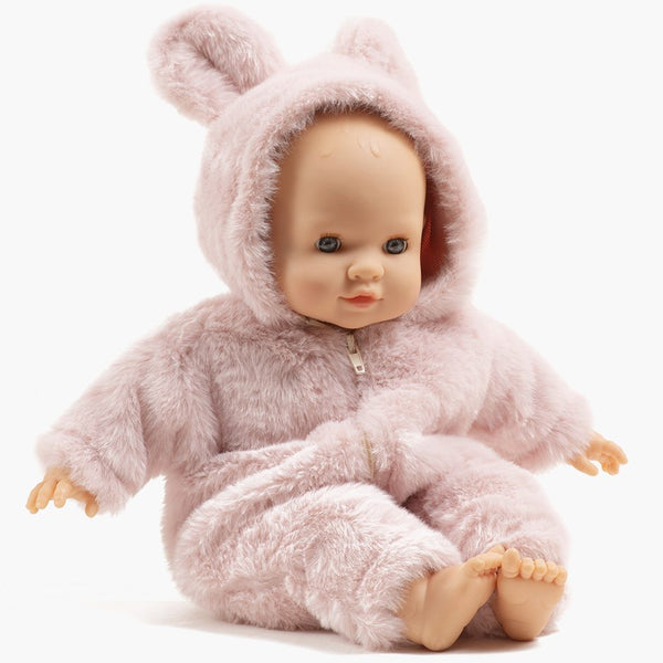 US stockist of Minikane's Emilie Sleepy Eyes Cuties doll dressed in a Pink Winnie the Pooh jumpsuit.