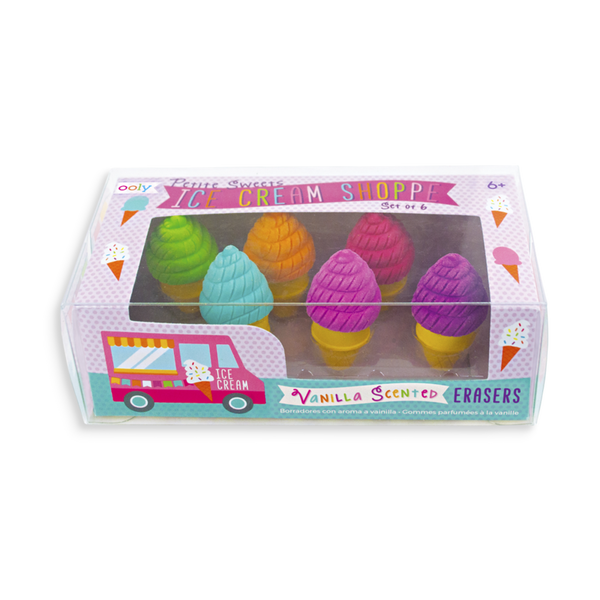US stockist of Ooly's vanilla scented petite sweets ice cream erasers.  Set of 6.
