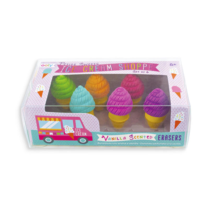 US stockist of Ooly's vanilla scented petite sweets ice cream erasers.  Set of 6.