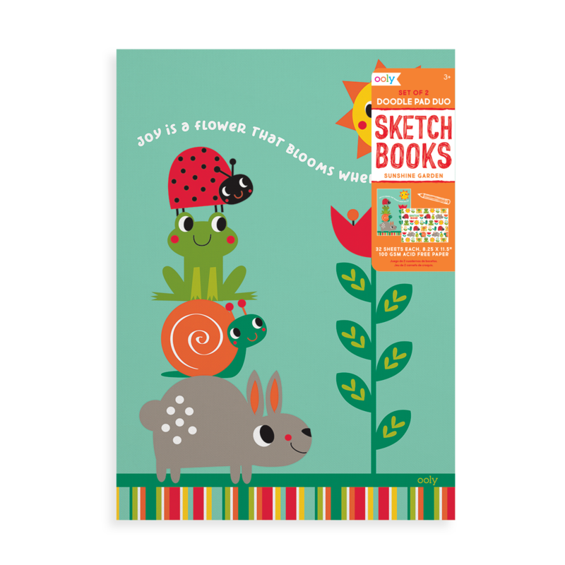 Stockist of Ooly's Sunshine Garden Doodle Pad Duo Sketch Books.  Features 2 sketch books with 32 pages of quality sketch paper.  Covers are of cute little garden critters.