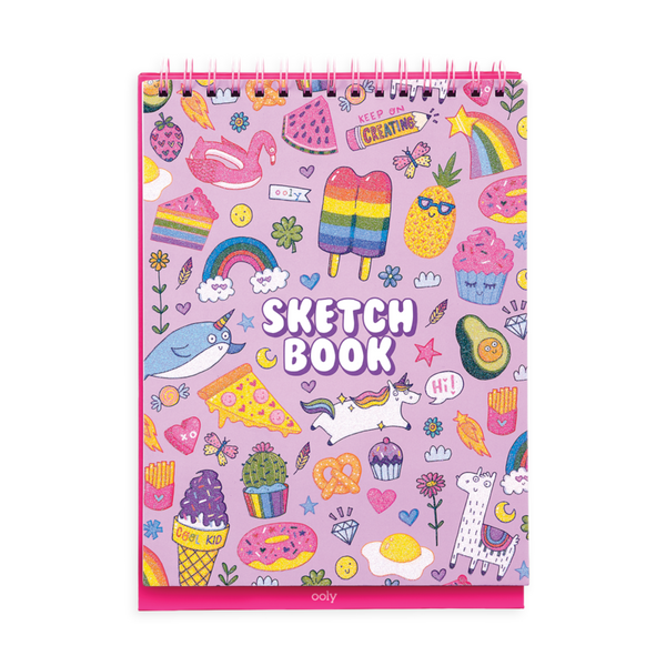 Stockist of Ooly's cute doodle world standing sketchbook.  Features 45 perforated pages of 8 x 10 120 gsm acid free white paper.  Cover has colorful doodles accented with glitter on it.