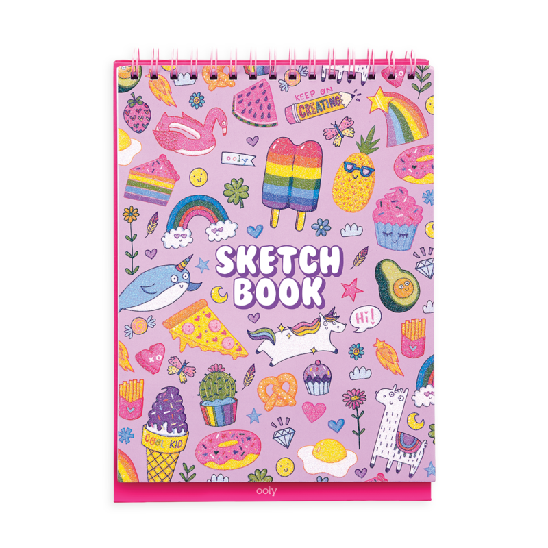 Stockist of Ooly's cute doodle world standing sketchbook.  Features 45 perforated pages of 8 x 10 120 gsm acid free white paper.  Cover has colorful doodles accented with glitter on it.
