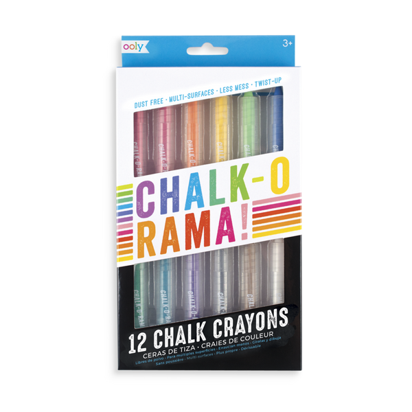 Stockist of Ooly's set of 12 Chalk-O-Rama dustless chalk crayons. Twist up barrel in 12 classic colors.