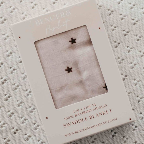 US stockist of Bencer & Hazelnut's (Piper Bug) Stars swaddle.  Made from soft bamboo/cotton.