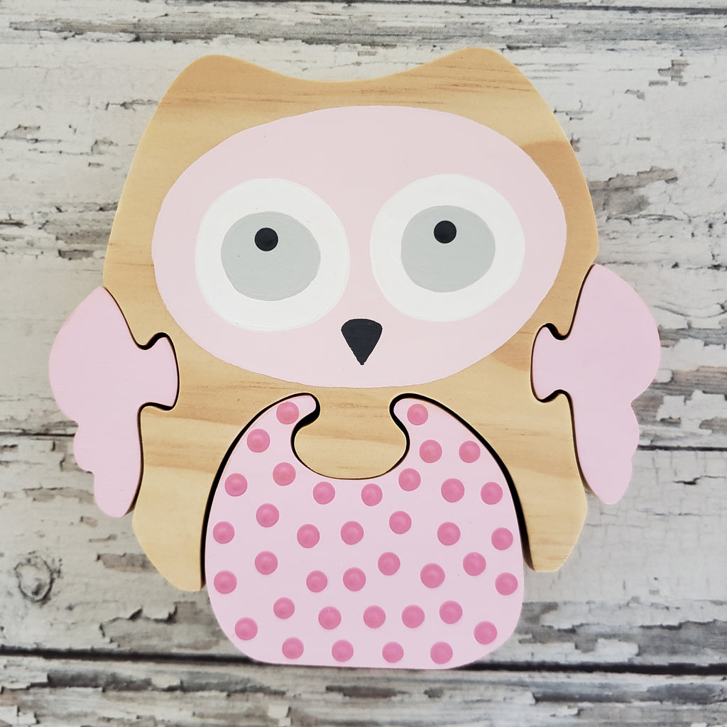 US stockist of Children of the Trees handmade, handpainted pink Oliva Owl wooden toy puzzle.  