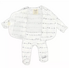 Stockist of Bonsie's rayon blend skipping stone print footie.  Top section has velcro wrap body which can be undone for skin to skin contact.  Elastic waist that can be pulled down for easy diaper changes. 
