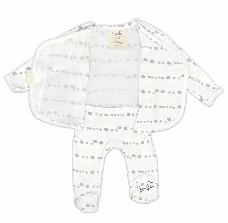Stockist of Bonsie's rayon blend skipping stone print footie.  Top section has velcro wrap body which can be undone for skin to skin contact.  Elastic waist that can be pulled down for easy diaper changes. 