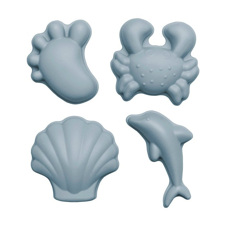 US stockist of Scunch.  Set of 4 sand moulds in duck egg blue made from silicone.  Comes with 1 footprint, 1 crab, 1 shell and 1 dolphin mould.