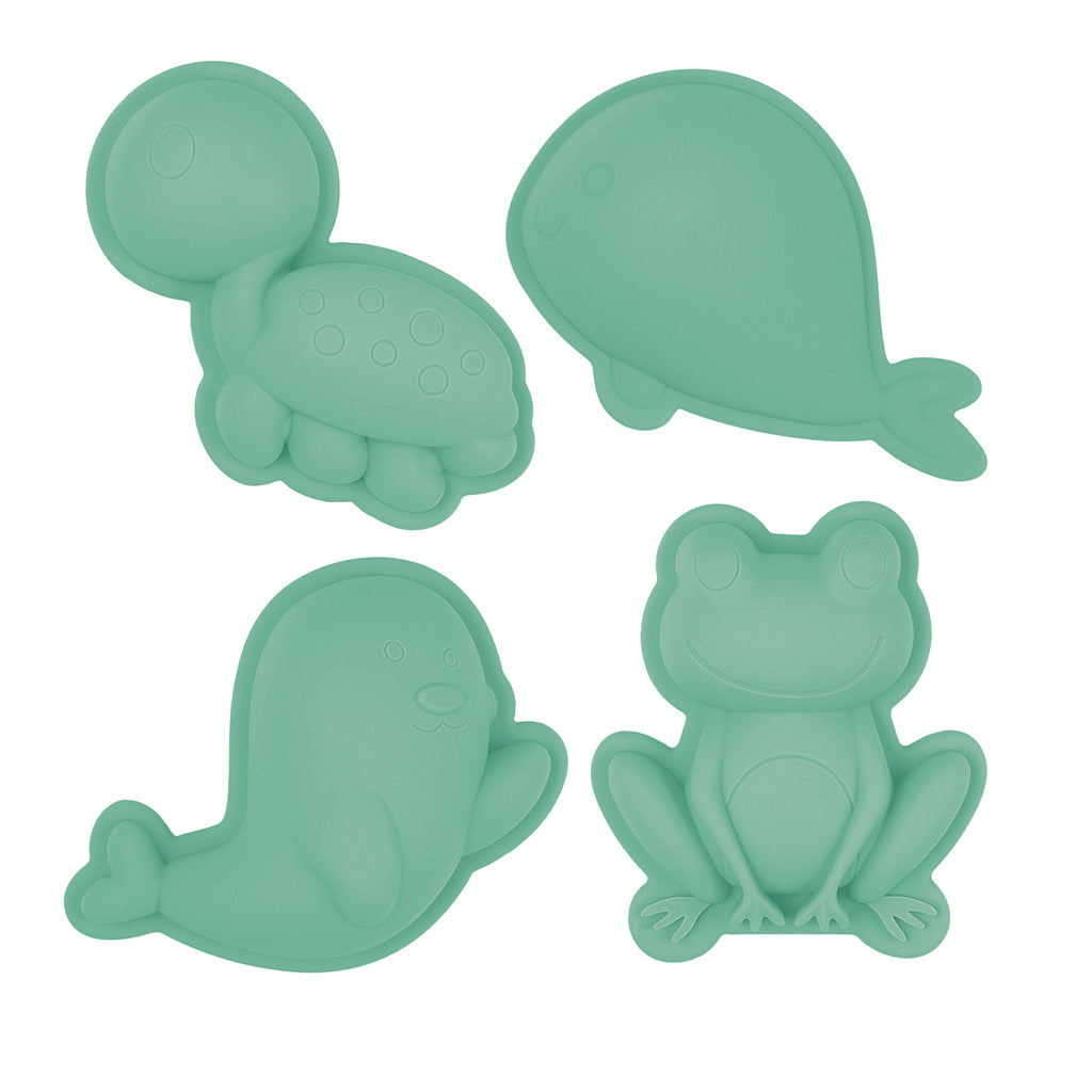 US stockist of Scunch.  Set of 4 sand moulds in mint made from non-toxic food grade silicone.  Comes with 1 turtle, 1 whale, 1 frog and 1 bird mould.