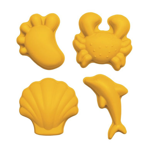 US stockist of Scunch.  Set of 4 sand moulds in mustard made from silicone.  Comes with 1 footprint, 1 crab, 1 shell and 1 dolphin mould.